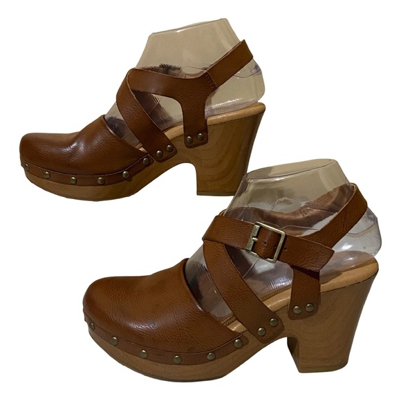 Korks Abloom Strappy Studded Clog Platform Slingback Sandals Brown Faux Leather - Picture 6 of 15